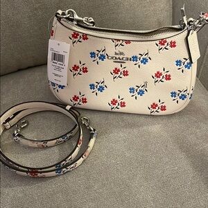 Coach Shoulder Bag in White and Red with Floral Motifs